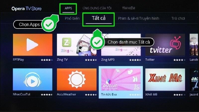 Chọn APPS trong Opera TV Store