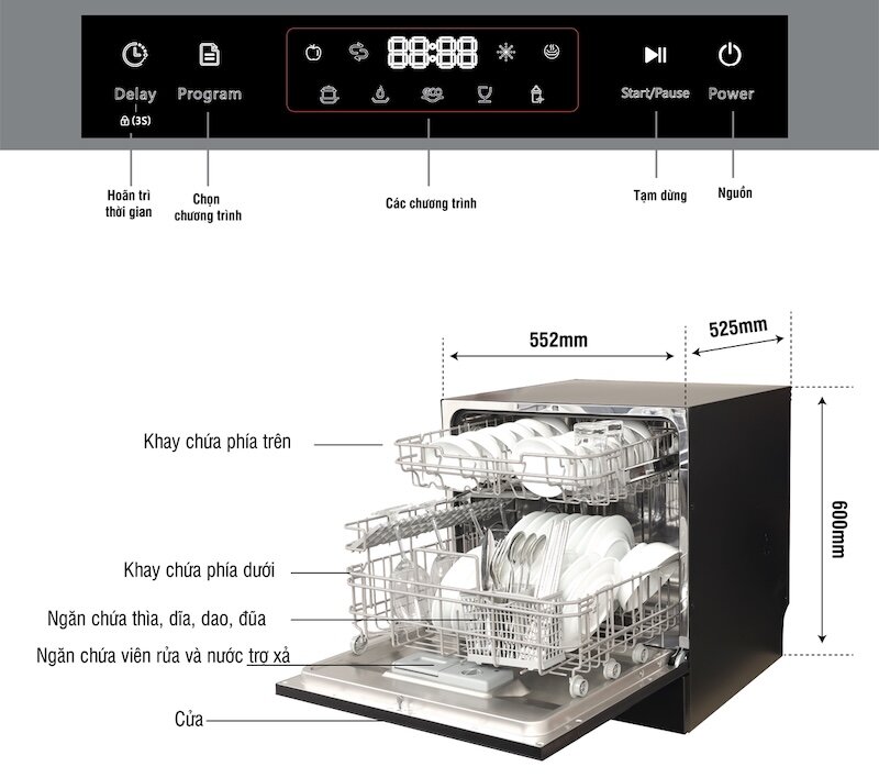 Máy rửa bát Kocher KDEU-8839 trang bị sáu chương trình rửa
