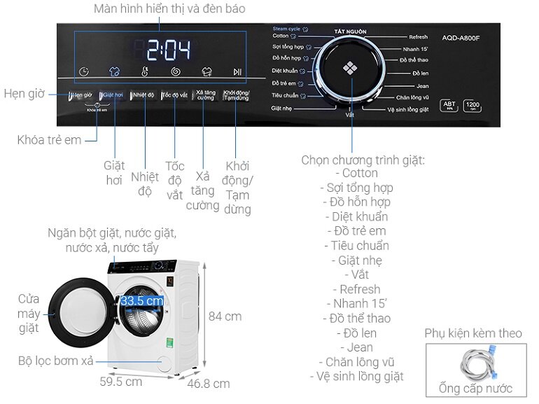 Máy giặt Aqua Inverter 8 KG AQD-A800F W