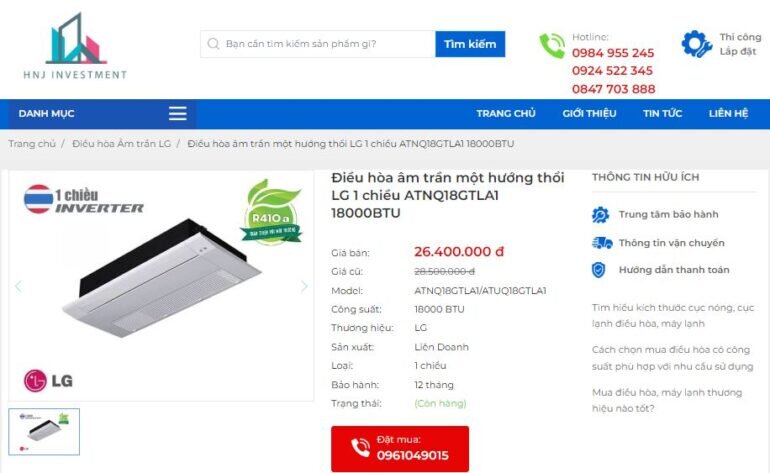 Điều hòa âm trần một hướng thổi LG 1 chiều ATNQ18GTLA1 18000BTU