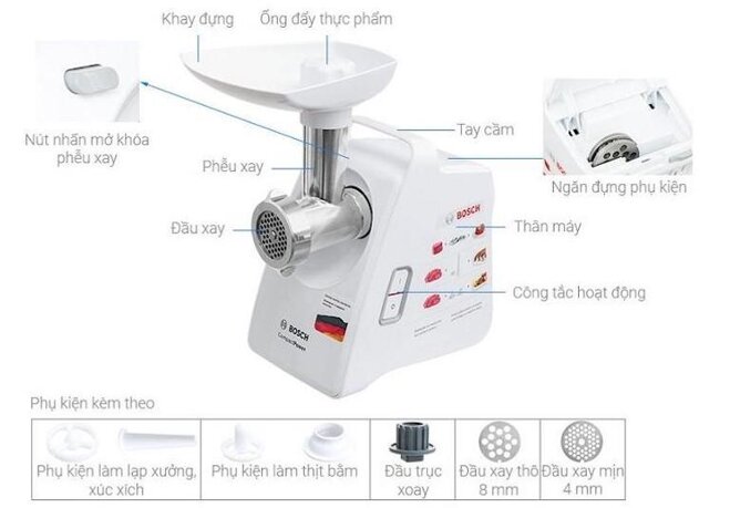 Máy xay thịt Bosch mfw3520w chuyên dùng để xay nhuyễn thịt, có thể làm lạp xưởng và xúc xích.