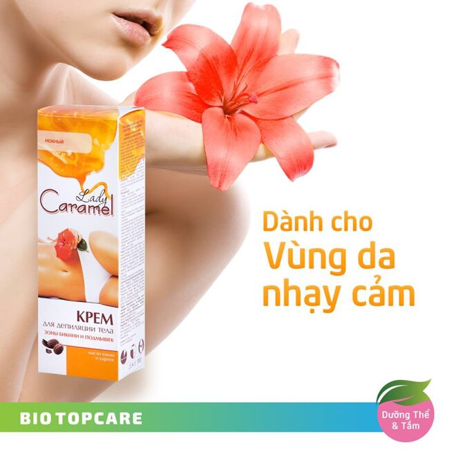 Kem tẩy lông Caramel với các thành phần dưỡng chất từ bơ ca cao và bơ hạt mỡ hoàn toàn phù hợp với vùng da nhạy cảm như vùng kín 