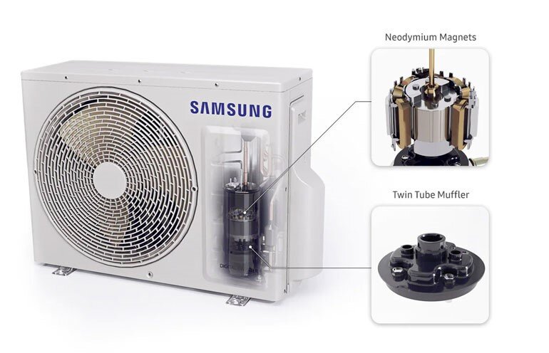 Bộ giảm âm kép Twin Tube và nam châm Neodymium giúp máy lạnh Samsung F-AR10TYHYCW20 hoạt động êm và bền bỉ