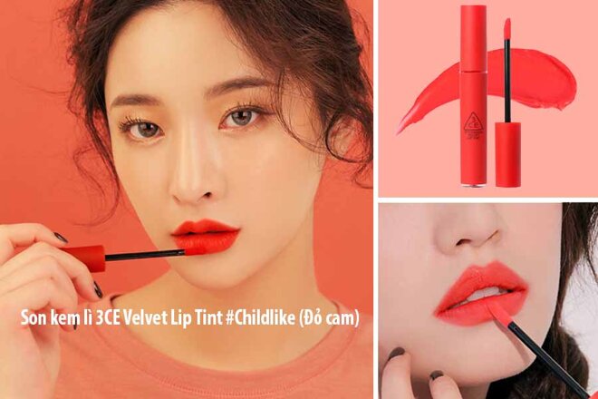 Son môi 3CE màu đỏ cam Velvet Lip Tint Childlike