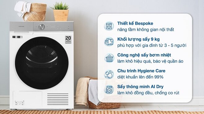 Máy sấy quần áo tiết kiệm điện Samsung Bespoke AI 9 kg DV90BB9440GH/SV