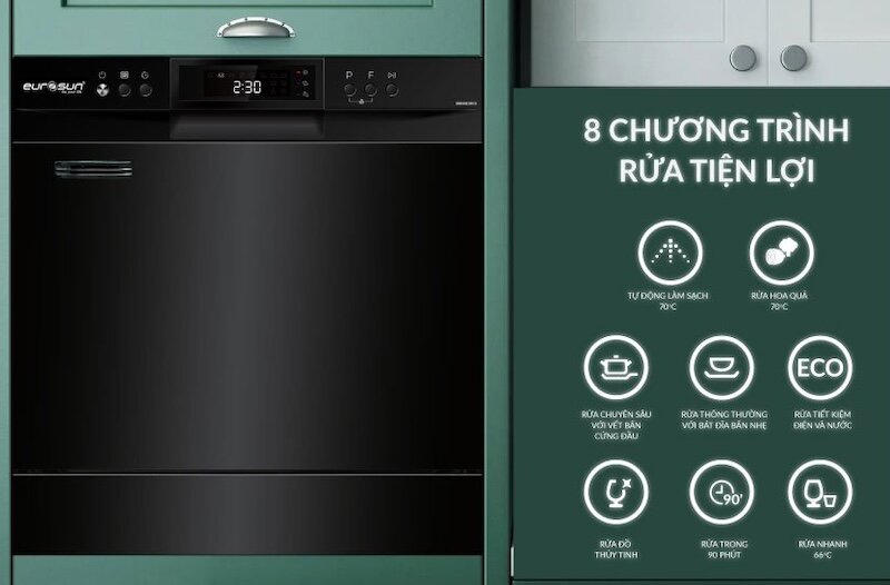 Máy rửa bát Eurosun SMS60EU08EB sạch bong từng chiếc bát, nhẹ nhàng từng phút giây