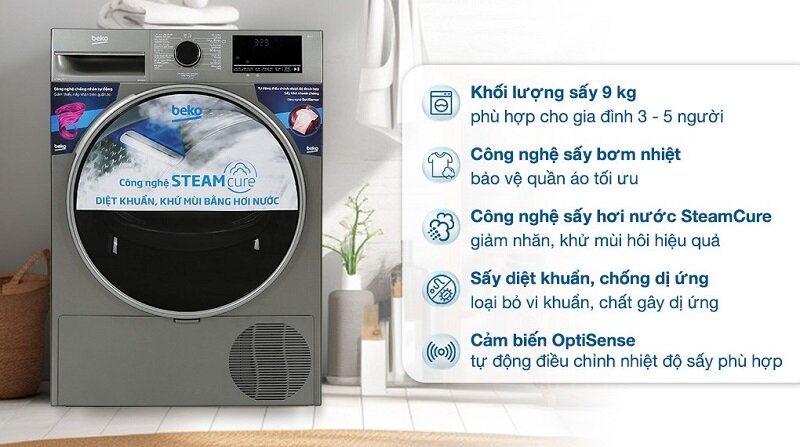 Máy sấy quần áo sấy bơm nhiệt Beko 9 kg B3T4329M