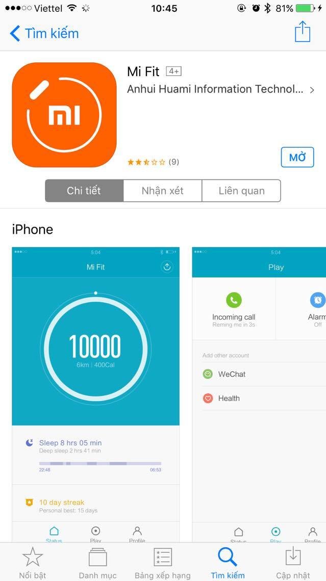 Mi band trên appstore