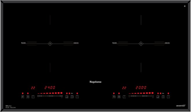 Bếp từ đôi Nagakawa NK2C01M có kiểu dáng hiện đại và được làm bằng mặt kính Kanger bền bỉ