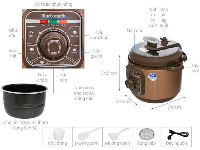 Nồi áp suất Bluestone PCB-5629 hoạt động với công suất hoạt động 900W cùng mâm nhiệt rộng giúp nấu ăn nhanh chóng và tiết kiệm điện năng.