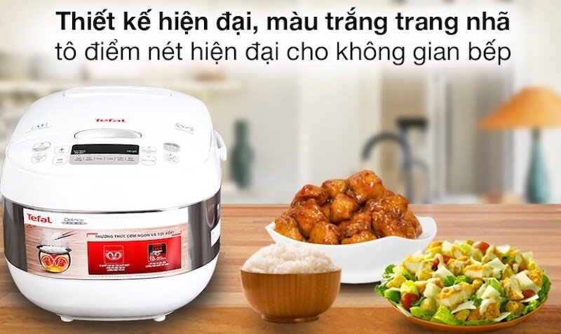 Nồi cơm điện tử Tefal RK752168 có thiết kế hiện đại, màu trắng trang nhã giúp tô điểm thêm nét hiện đại cho không gian căn bếp.