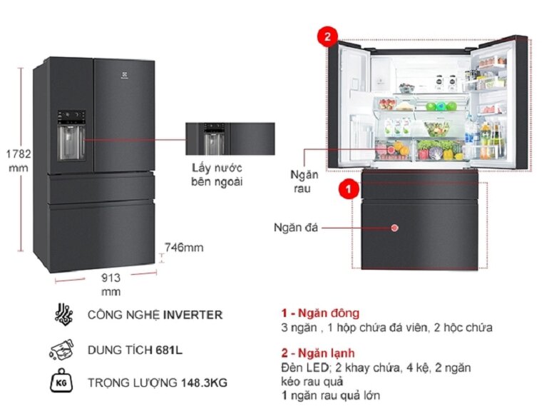 Tủ lạnh Inverter Electrolux EHE6879A-B bảo quản được lượng lớn thực phẩm