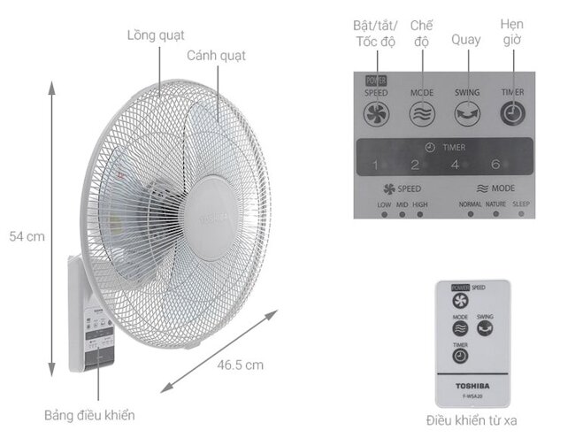 Quạt treo tường Toshiba F-WSA20(H)VN hoạt động với công suất mạnh mẽ lên đến 55W