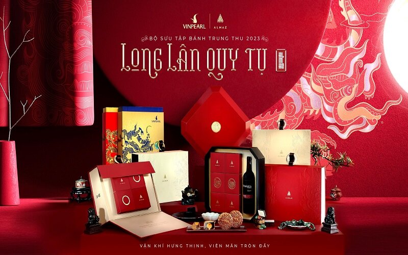 “Long Lân Quy Tụ” là bộ sưu tập hộp bánh Trung thu Almaz có hai gam màu là đỏ và vàng truyền thống, sang trọng