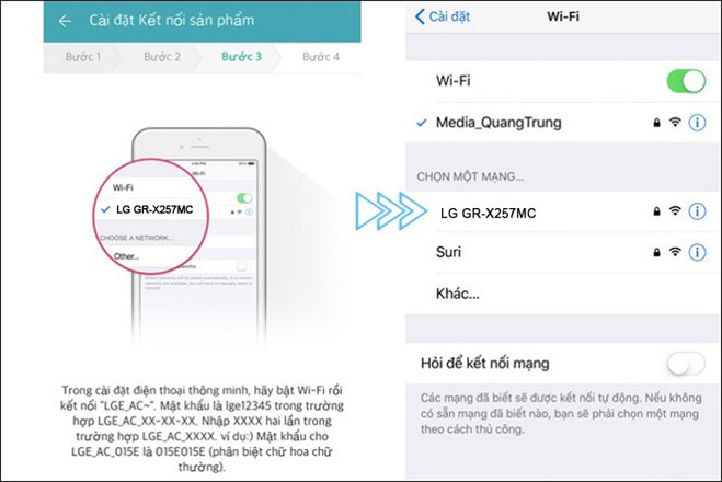 Kết nối wifi để đồng bộ ứng dụng và tủ lạnh LG GR-X257MC