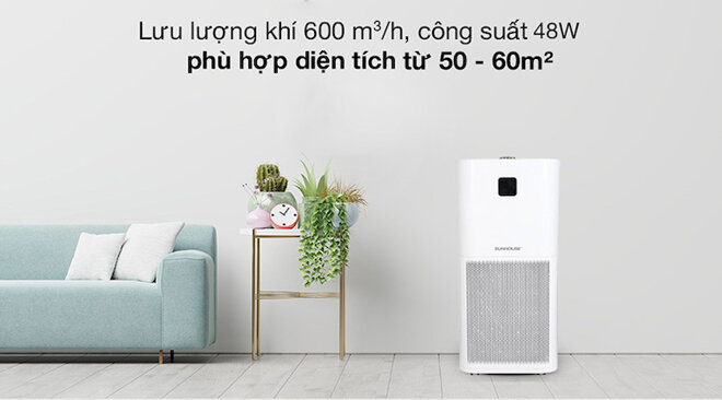 Máy lọc không khí Sunhouse shd-60ap9760 cho lưu lượng khí 600m3/h, công suất hoạt động 48W phù hợp với diện tích từ 50 – 60m2.