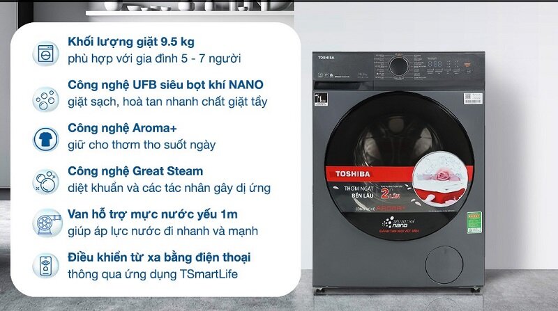 TOP 5 máy giặt Toshiba cửa ngang 9kg đến 9.5kg năm 2025