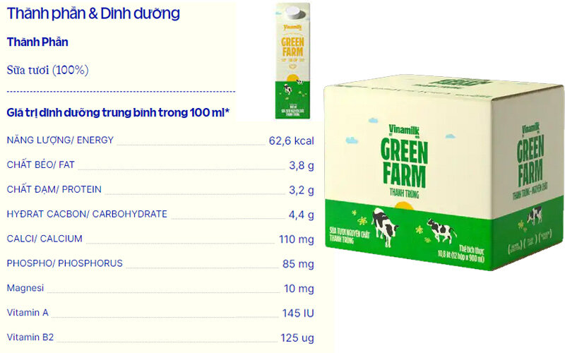 Sữa tươi thanh trùng nguyên chất Vinamilk Green Farm không đường