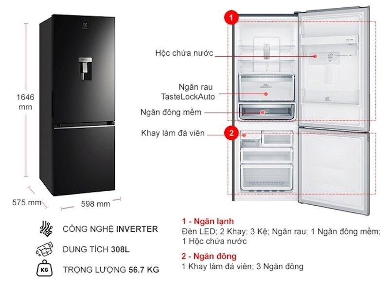 Đánh giá chi tiết tủ lạnh Electrolux Inverter 308 lít EBB3462K-H