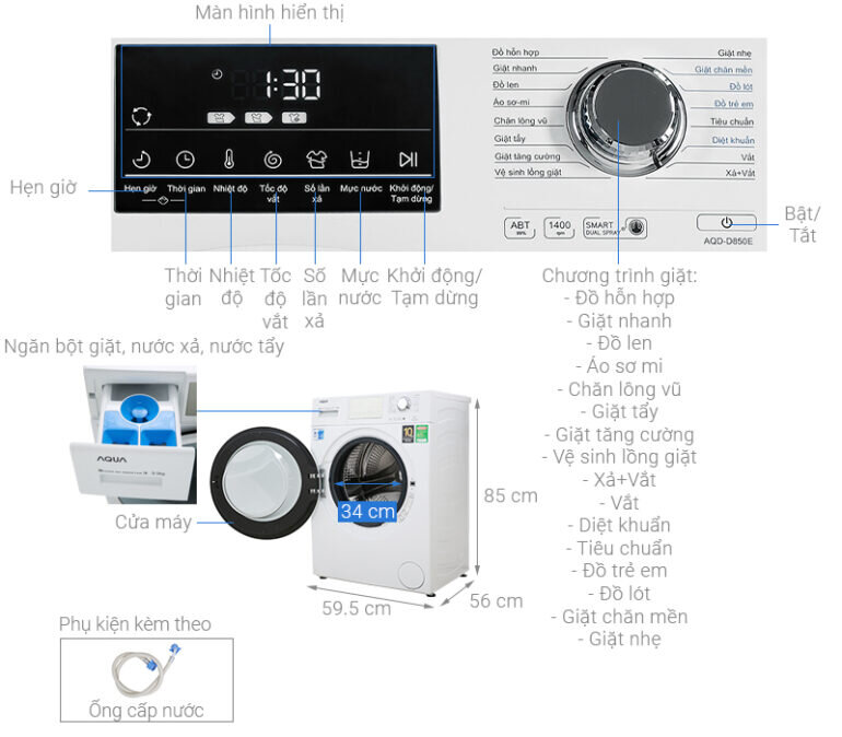 Máy giặt Aqua Inverter 8.5 kg AQD-D850E W - Giá tham khảo: 7.250.000 vnđ