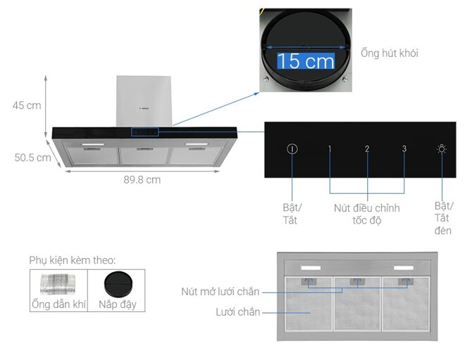 Máy hút mùi Bosch DWBM98G50B mang lại không gian thoáng đãng cho gian bếp