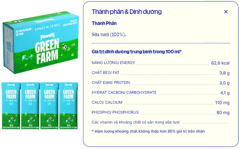 Sữa tươi tiệt trùng Vinamilk Green Farm không đường