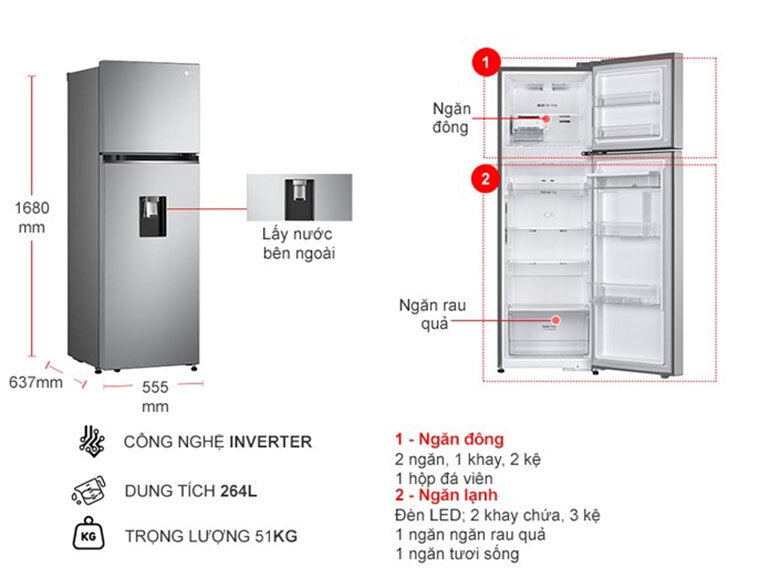 Tủ lạnh LG Inverter 264 Lít GV-D262PS dung tích 264 lít