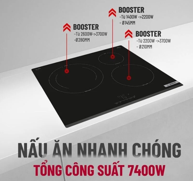 Bếp từ ba Bosch PIJ631BB5E tính năng hiện đại hỗ trợ nấu ăn tiện lợi