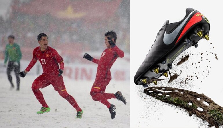 Đội tuyển U23 của Việt Nam đã phải sử dụng giày đinh sắt SG khi chơi bóng trên mặt sân tuyết trơn trượt ở Thường Châu – Trung Quốc