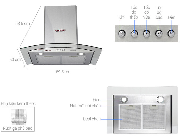 Máy hút mùi áp tường Sunhouse SHB6629 70C