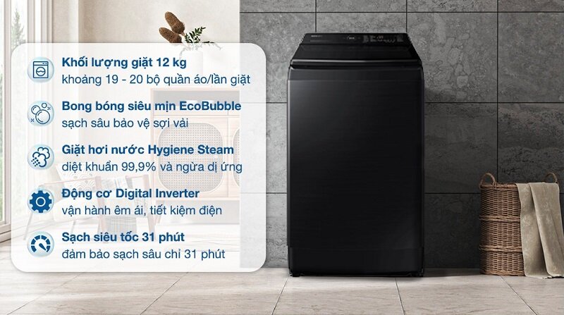 Máy giặt Samsung Eco Bubble cửa trên Inverter 12 kg WA12CG5886BVSV
