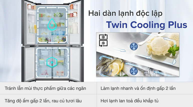Công nghệ làm lạnh đồng đều với 2 dàn lành riêng biệt ở mỗi ngăn