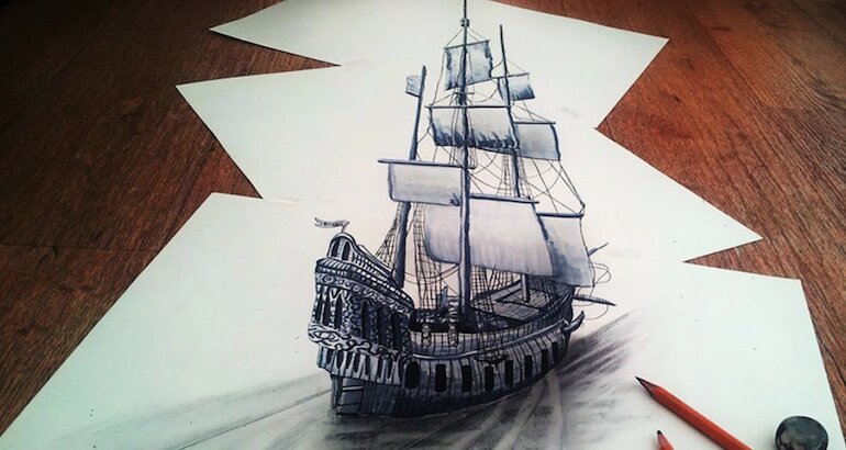 Chiếc thuyền lớn được vẽ trên 3 tờ giấy vô cùng nghệ thuật