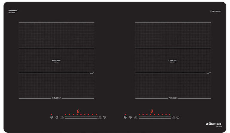 Bếp từ Kocher DI 669 có thiết kế lắp âm sang trọng với 2 vùng nấu vô cùng tiện lợi.