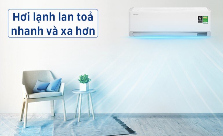 Điều hòa Samsung AR10CYHAAWKNSV trang bị công nghệ Fast Cooling giúp hơi lạnh lan nhanh và xa hơn 