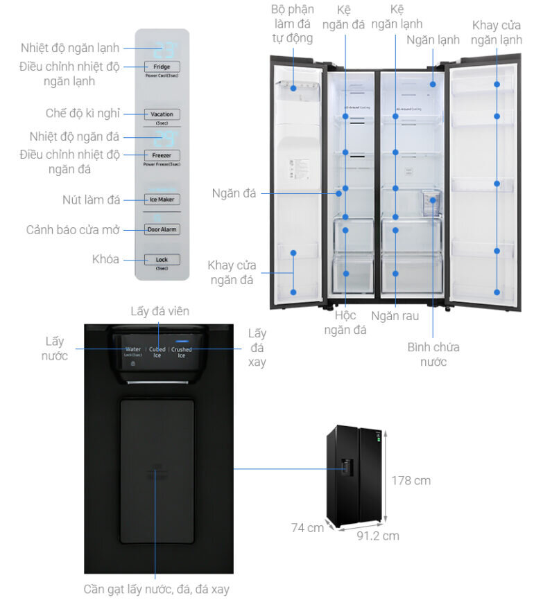 Tổng quan bảng điều khiển tủ lạnh Samsung RS64R53012C