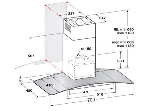 Sơ đồ minh họa máy hút mùi 70 cm