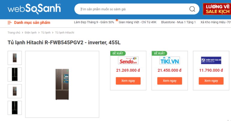 Giá tủ lạnh 3 cánh Hitachi R-WB545PGV2 (GBW) 455 Lít chỉ trên dưới 20 triệu vnd