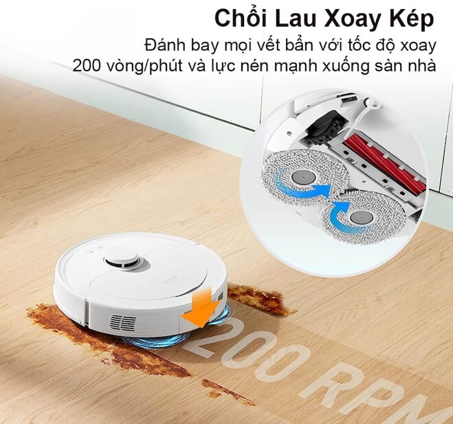 Roborock Q Revo được trang bị hai chổi lau xoay với tốc độ lên đến 200 vòng/phút