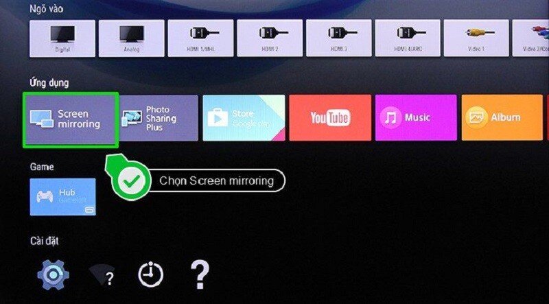 Nhấn nút HOME trên remote và chọn Screen mirroring