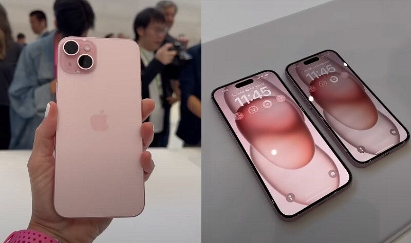 trên tay iphone 15 màu hồng phấn pastel mặt lưng