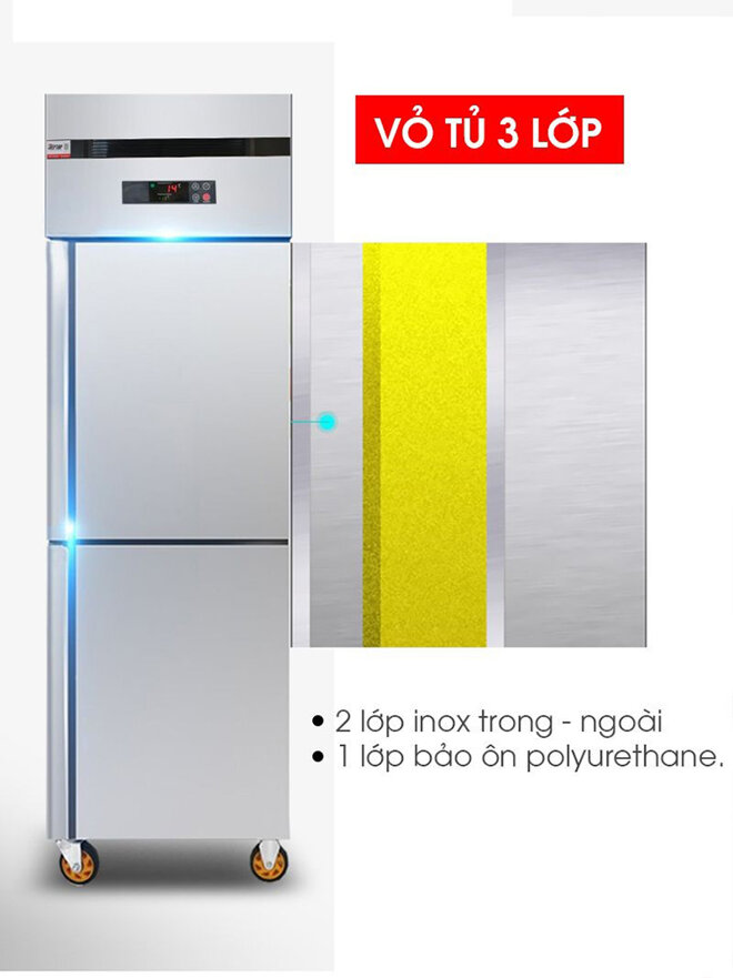 Cấu tạo gồm 2 lớp vỏ inox, 1 lớp bảo ôn polyurethane của tủ lạnh công nghiệp cánh inox 