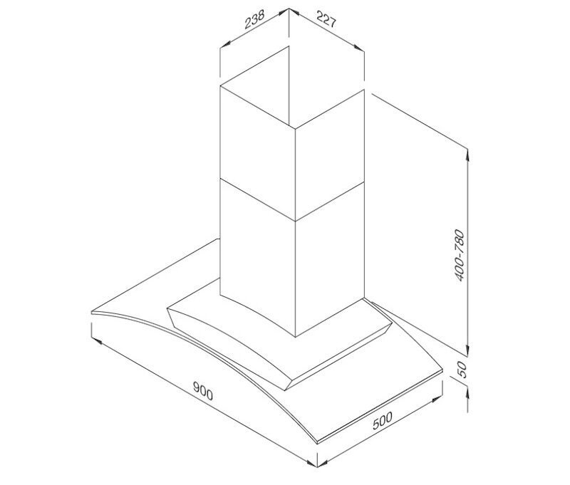 Kích thước lắp đặt máy hút mùi Malloca MC-1090