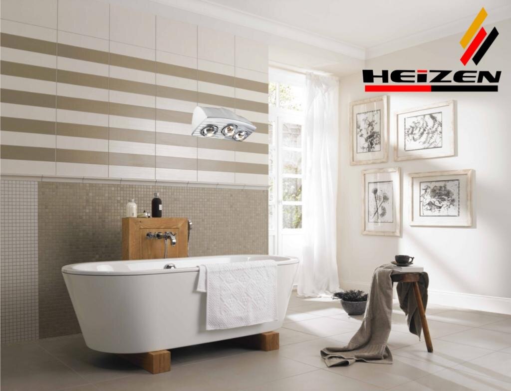Đèn sưởi hiệu Heizen có thiết kế sang trọng, lắp đặt được trong những phòng tắm có diện tích đa dạng