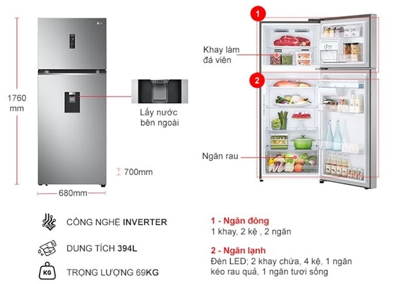 Đánh giá chi tiết tủ lạnh LG Inverter 394 lít GN-D392PSA