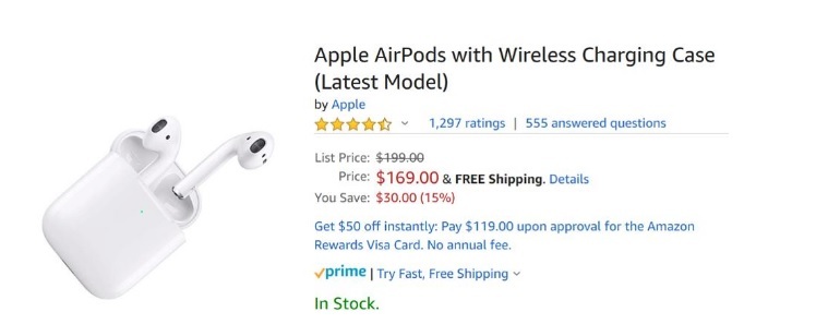 Apple AirPods với hộp sạc không dây (Mẫu mới nhất) - Giá $ 169,00 (tiết kiệm $ 30)