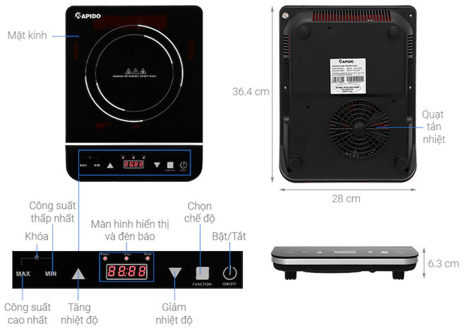 Bếp từ Rapido RI2000ES được trang bị màn hình cảm ứng có màn hình Led hiển thị rõ nét và dễ dàng quan sát.