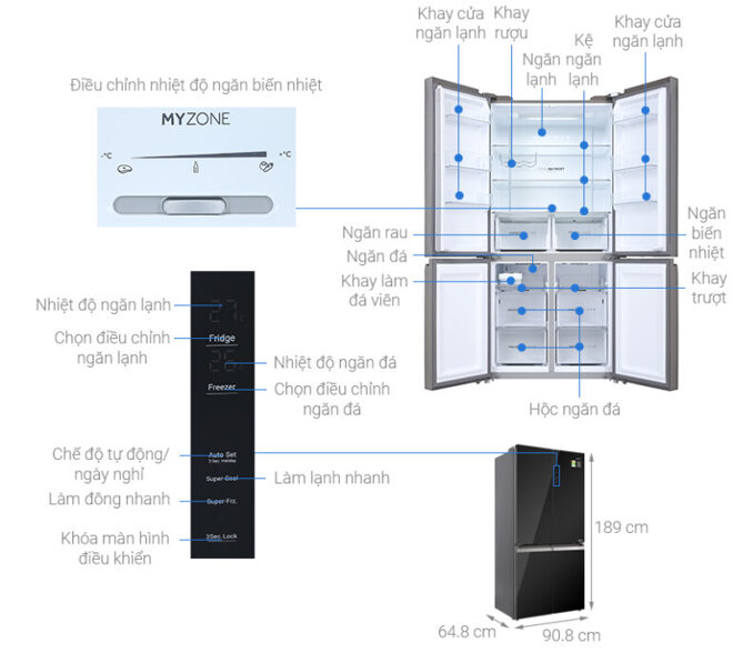 Bảng điều khiển bên ngoài của tủ lạnh Aqua 4 cánh AQR-IG636FM(GB)