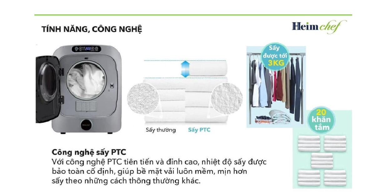 Công nghệ sấy PTC tiên tiến trên máy sấy Heim Chef HCD-301UPR cho hiệu quả sấy vượt trội