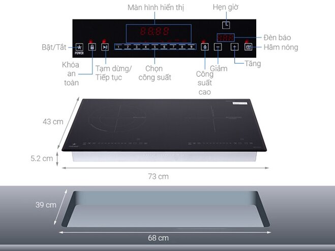 Kích thước của bếp từ âm 2 vùng nấu Pramie PRMY-2108